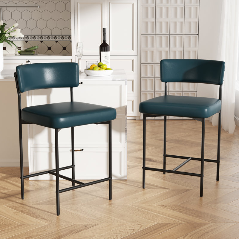 Modern Metal Frame Upholstered Faux Leather Dining Chair With Comfort Backrest, Dark Blue