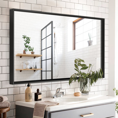 Miroir de salle de bain 40 po x 30 po en noir - Cadre rectangulaire en métal avec rebord biseauté, reflet transparent, rouille, installation simple, finition rapide du meuble-lavabo, horizontal et vertical