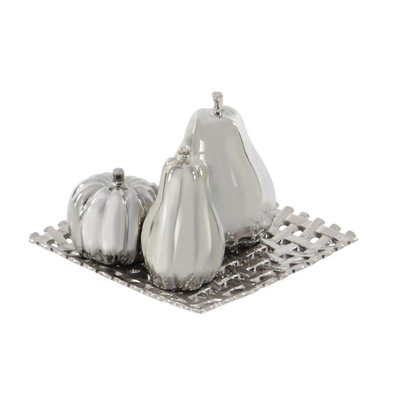 Benito Ceramic Pear, Pumpkin, and Squash Fruit Decorative Sculpture with Decorative Grid Plate Set, Silver
