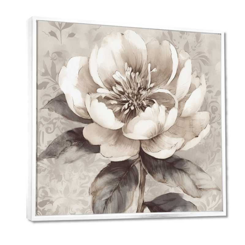 Pivoines grises sur une branche I - pivoines, art mural, H 16 po x l 16 po x P 1 po, Cadre flottant blanc
