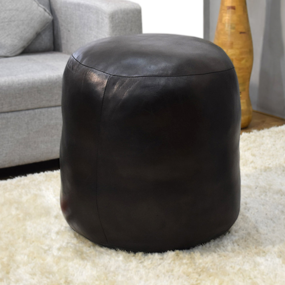 Foundry Select Solid Handmade Goat Leather Round Pouf (Recycled Cotton ...