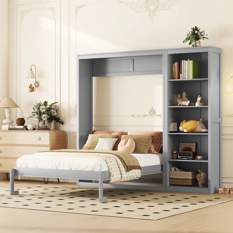 Grand lit escamotable mural avec tablettes, gris, Gris, Grand lit