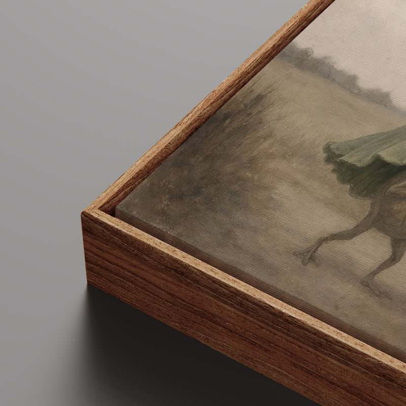 «Whimsical Frog Walking with Leaf Umbrella in Dreamy Countryside», reproduction d'art encadrée, H 16 po x l 24 po, Naturel