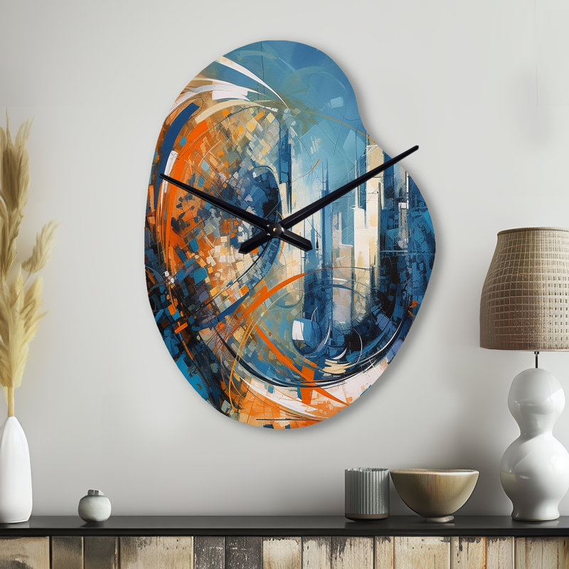 Gebremariam - Orange et bleu, équilibre géométrique IV - horloge murale asymétrique en métal, forme unique en bleu, Petit