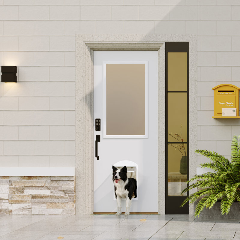 Dalle de porte d'entrée avec verre givré et porte magnétique pour animaux - Bois massif, serrure à clavier avec clé de secours