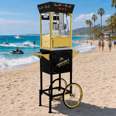 Machine à maïs soufflé 12 oz de style cinéma rétro avec chariot à roulettes, pop-corn rouge avec bouilloire en acier inoxydable pour une utilisation commerciale et les fêtes à domicile