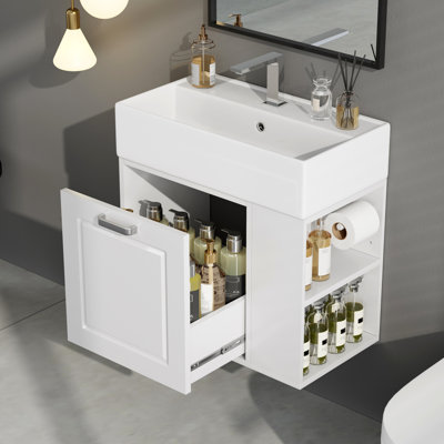 Meuble-lavabo de 21,8 po avec lavabo, armoire flottante murale, grand tiroir, tablette réglable, porte-papier hygiénique, système de fermeture en douceur