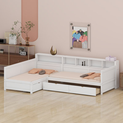 Space-Saving L-Shaped Bed Featuring Built-in Drawers and Open Shelves, Ideal for Multi-Use Rooms