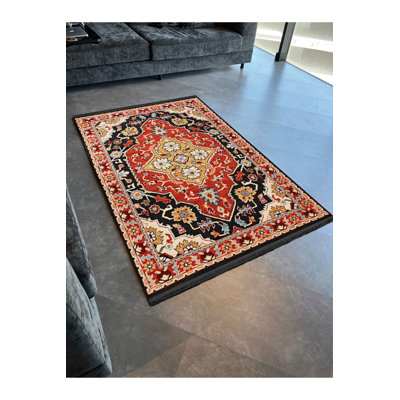Red Themed Multi Coloured Traditional Ethnic Patterned Vintage Decorative Rug Machine Washable