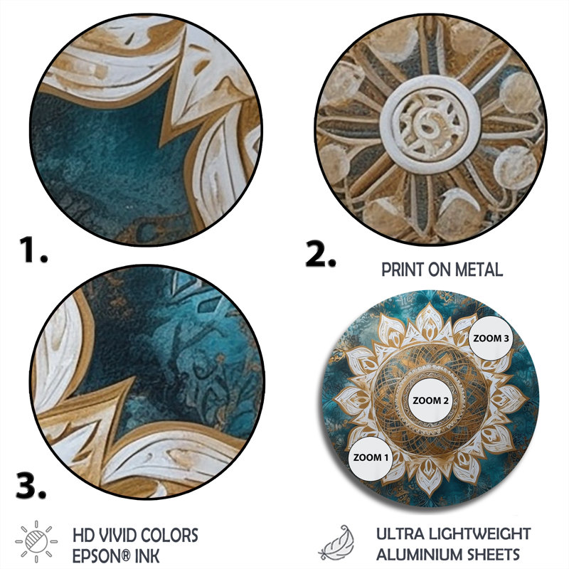 Sarcelle et mandala doré II - art géométrique rond en métal, H 23 po x l 23 po x P 1 po