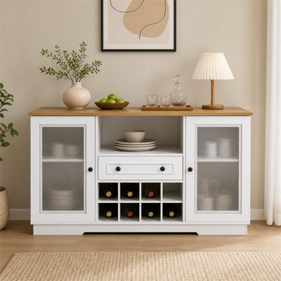 Cave à vin de style campagnard (bois naturel et blanc) – Comptoir rabattable, portes vitrées cannelées, éclairage DEL, rangement pour salon/salle à manger