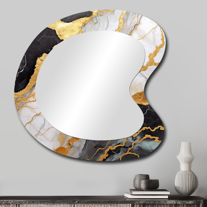 Miroir de marbre abstrait doré et gris I - abstrait en métal Art Decor - miroir mural asymétrique moderne, 27 po x 27 po
