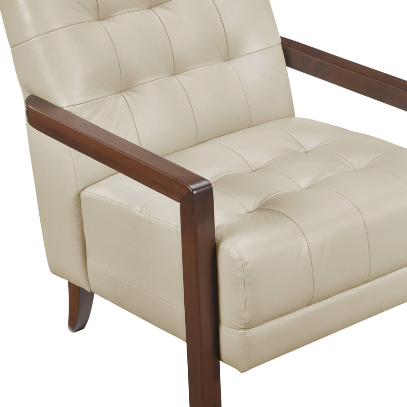 Fauteuil d'appoint en cuir beige, rembourrage en mousse, accoudoirs en noyer, bois massif avec finition, Beige
