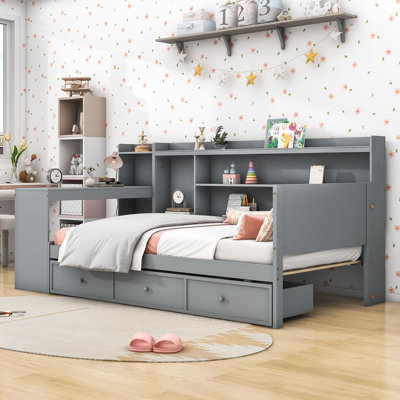 Three Drawers Daybed with USB Ports, Desk and Shelves by Red Barrel Studio