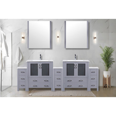 96 po W Double meuble-lavabo gris foncé avec armoires latérales, comptoir en céramique blanche, 28 miroirs et robinet, surface de salle de bain longue durée, comptoir à trou unique