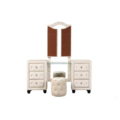 Ensemble de meuble-lavabo capitonné en cristal de style moderne avec 6 tiroirs et tabouret, fini en velours de bois