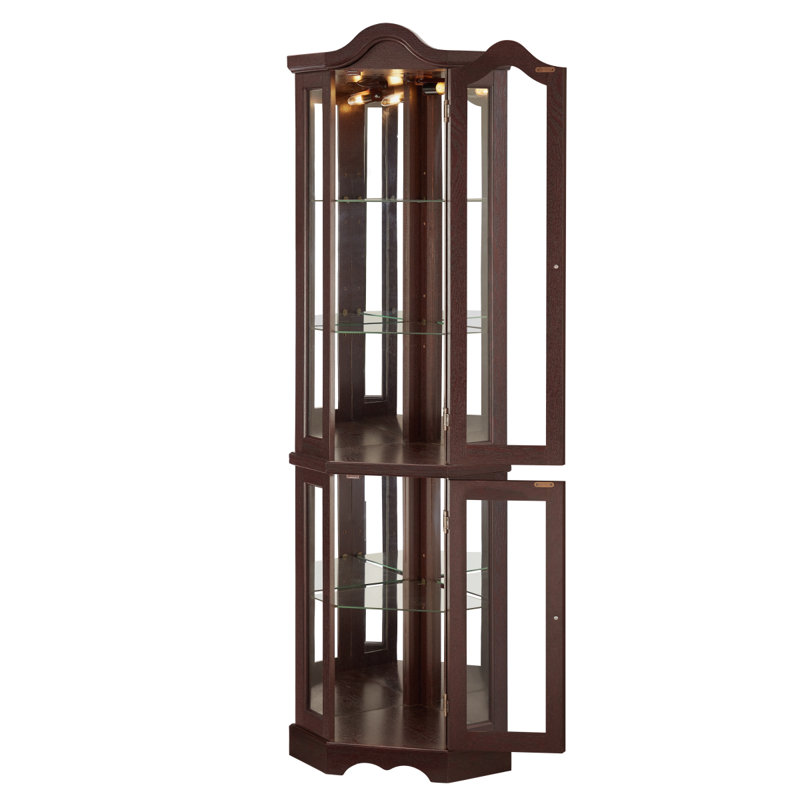 Lighted Corner Curio Cabinet With Tempered Glass Doors & Shelves - Elegant Oak Display Storage For Living Room & Bedroom Decor-Dark Cherry