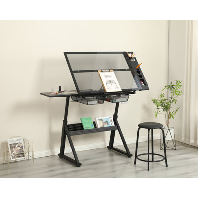 Table de dessin et d'impression en verre trempé réglable à la manivelle avec chaise et espace de rangement pour le salon, le bureau et la chambre à coucher