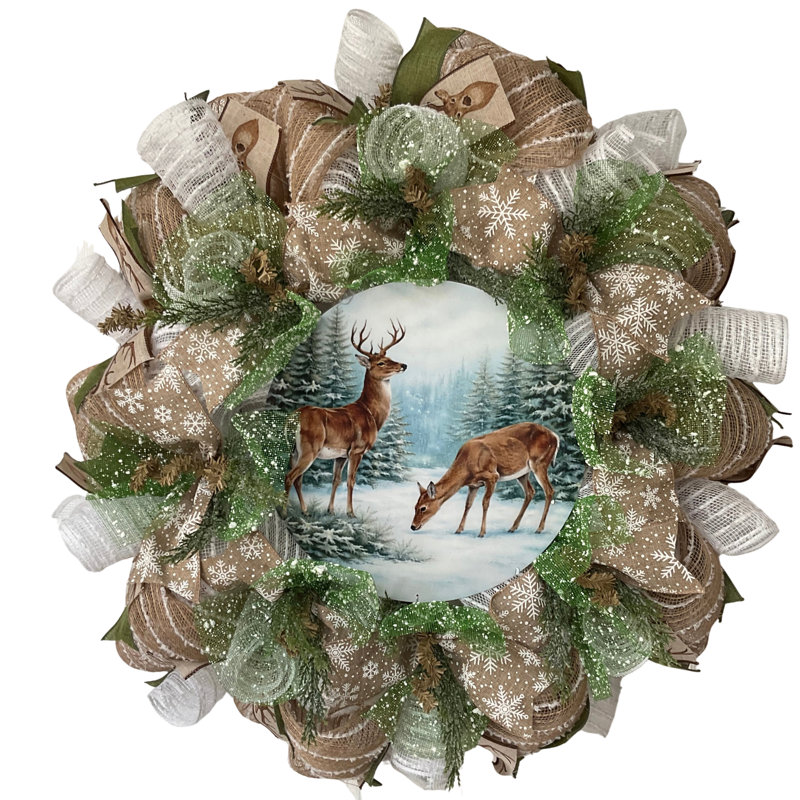 Winter Wreath with Deer Gathering, 24 Inch