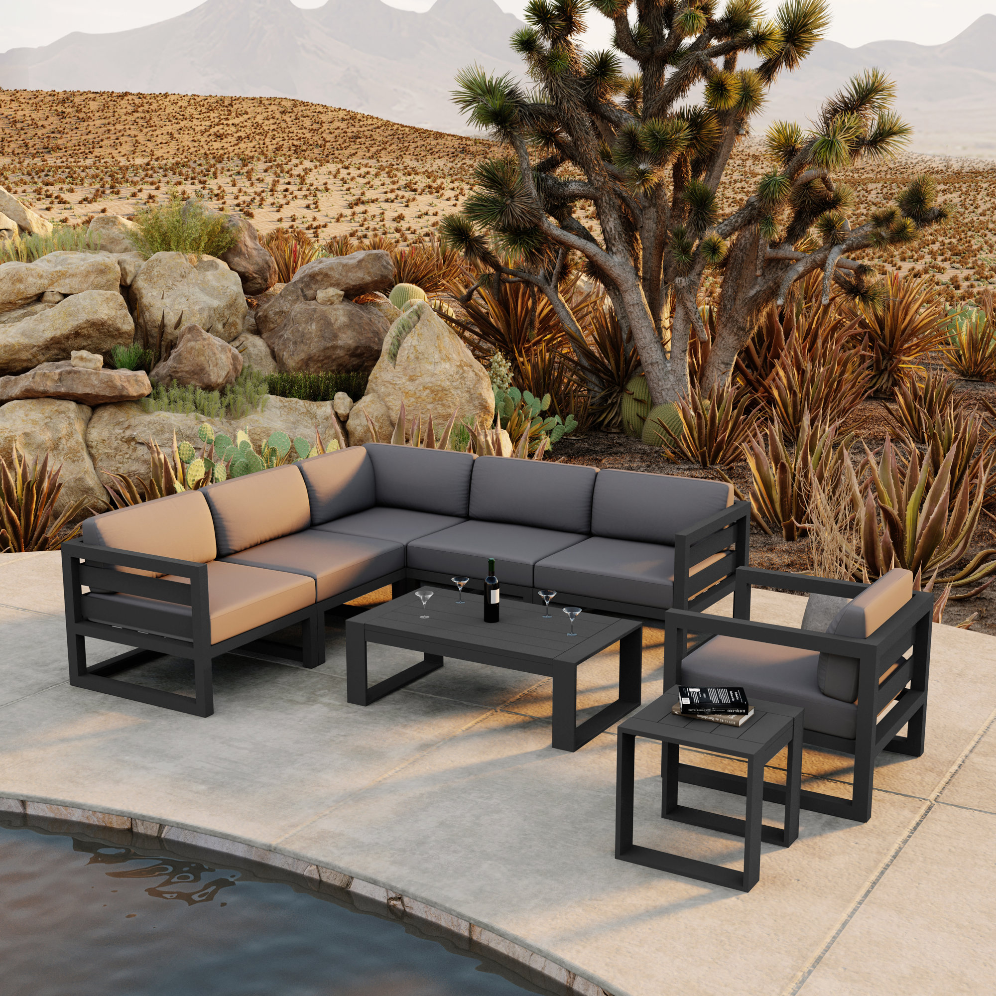 Smith 4 Piece Sectional Seating Group with Sunbrella® Cushions, Slate, Canvas Charcoal