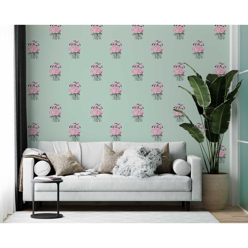 Flamingo Bouquet 33' L x 20.5" W  Wallpaper Roll, Teal
