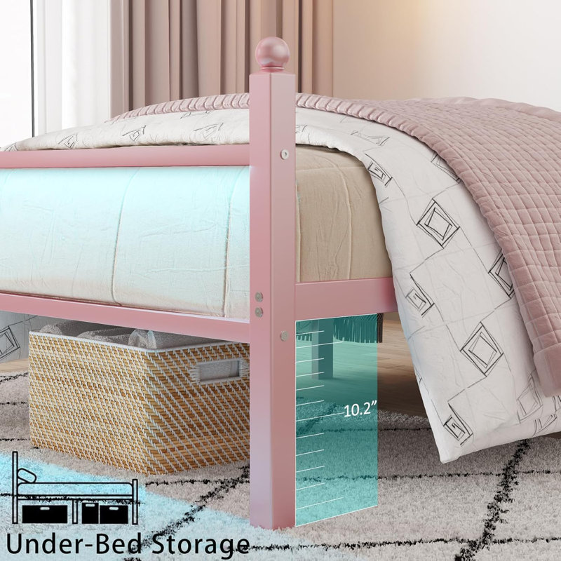 Bed Frame With Headboard And Footboard,heavy Duty Steel Slats Support Metal Bed Frame With Charging Station,, Full, Pink