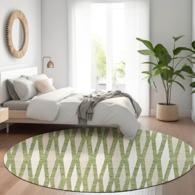 Premium Machine Washable Prisco Green Rug, Round 8'
