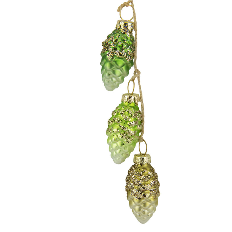 Ornement en forme de pomme de pin verte et blanche 7 po