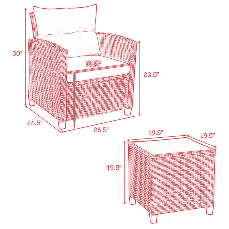 Ensemble de conversation en rotin de trois articles avec coussins, Rouge