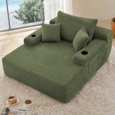 Chaise longue convertible avec large accoudoir et porte-gobelet, canapé-lit en velours côtelé moelleux