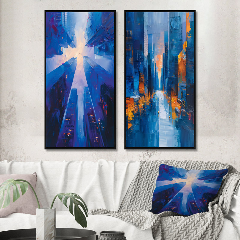 Blue Perspector Skyscrapers Symphony I - ensemble d'art mural 2 gratte-ciel, H 32 po x l 32 po, Noir, noir, noir, noir