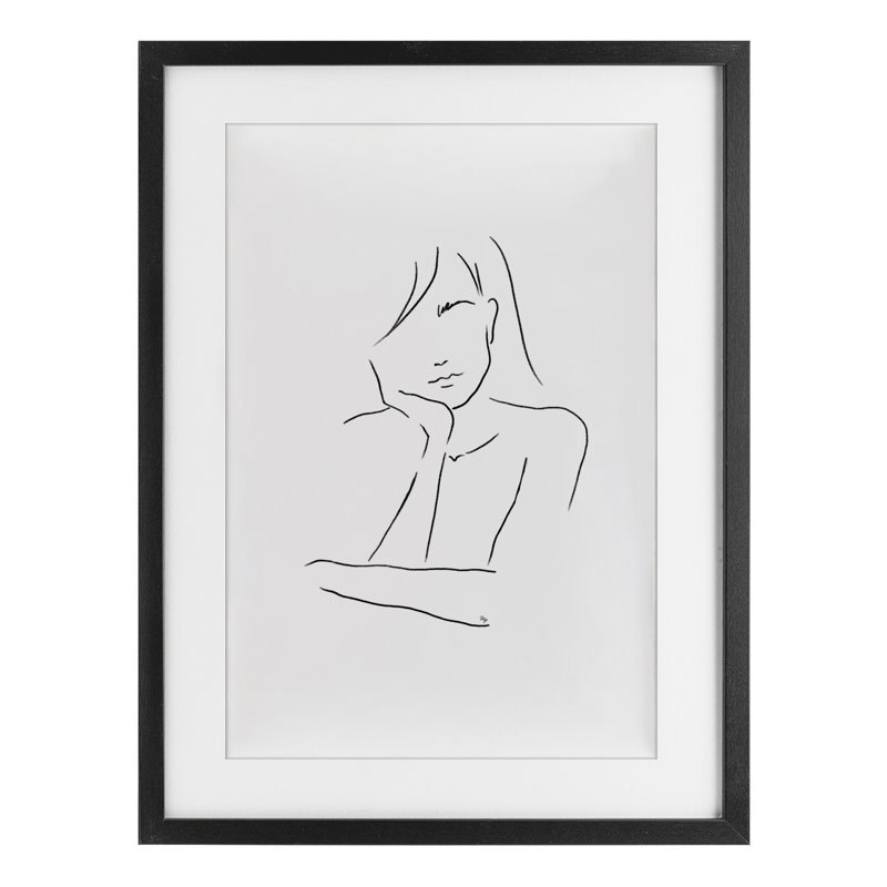 Triste femme, dessin au trait encadré sous verre, design par Martina Pavlova, H 20 po x l 14 po, Cadre noir minuit