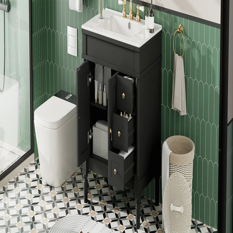 Meuble-lavabo moderne de 30 pouces avec bois massif, panneau de fibres à densité moyenne, lavabo en céramique et grand rangement, conception à fermeture en douceur, tablette en forme de U