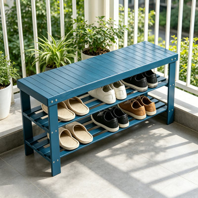 Freestanding Navy Blue Wood Shoe Bench with 3 Storage Shelves, Entryway Shoe Rack Bench Seat for Hallway Mudroom Bedroom Shoe Organization
