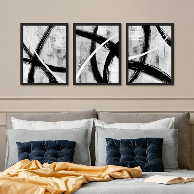 BAW " IDEA4WALL Framed Set Gray Geometric Paint Strokes Wall Art, Set Of 3 Abstract Shapes Illustrations Wall Decor Prints, Contemporary Wall Décor For Living Room, Bedroom " 3 - Pieces