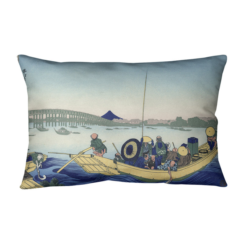 Coussin lombaire en coton coucher de soleil sur le ryogoku bridge, Bleu
