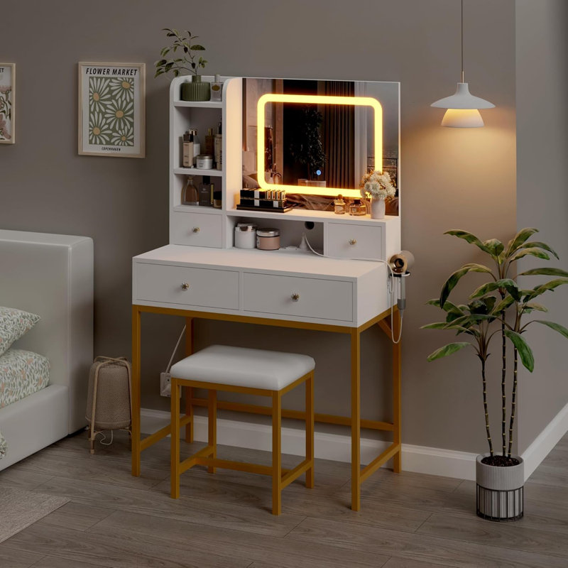 Bureau de maquillage avec miroir DEL et lumières, 3 modes de couleur, 4 tiroirs et 6 tablettes, station de charge intégrée avec ports USB, coiffeuse avec tabouret pour la chambre à coucher