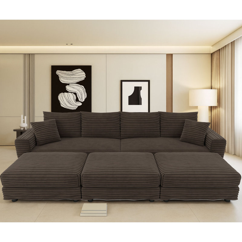 Canapé modulaire moderne en velours côtelé 4 places avec 3 repose-pieds, H 35,35 po x l 102,42 po x P 66,94 po, Chameau