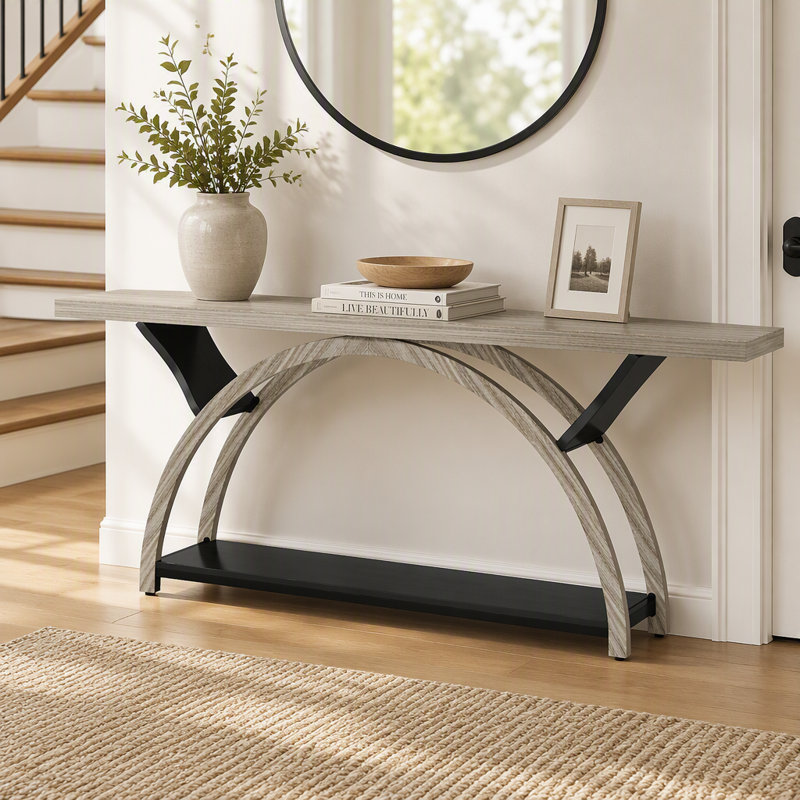 Console à 2 niveaux, table d'entrée 70,9 po avec structure en demi-lune, Gray / Black, Grey