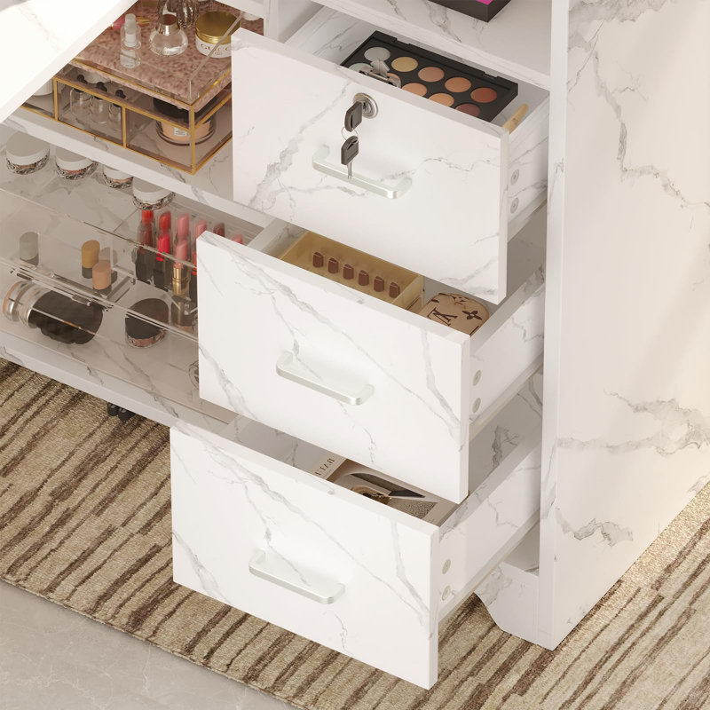 L-Shaped Folding Nail Table, Nail Desk with Built-in Charging Station, 5-Tier Storage Rack & 3 Drawers, Professional Manicure Desk for Salon, Spa, or Home Use, Space-Saving Workstation, Marble
