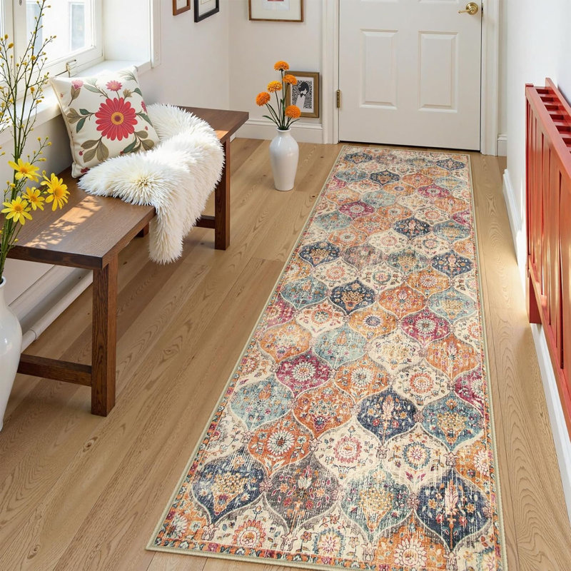Moroccan Trellis Round Area Rugs, Washable Small Rug Non-Slip, Soft Vintage Ultra-Thin Circle Carpet For Bedroom Entryway Kitchen Laundry Bathroom, Cream/Multi