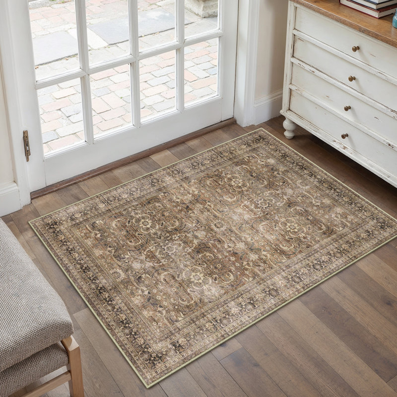 Amber Machine Washable Vintage Flora Area Rug with Non-Slip Backing, Rectangle 2' x 3'
