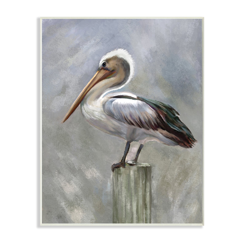 Pélican reposant sur un pilier en bois gris doux par Heather Hayes - impression, H 15 po x l 10 po, Plaque murale