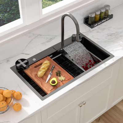 Évier de cuisine à cuve simple encastrable en acier inoxydable de calibre 16 avec station de travail encastrable L 33 po x l 19 po