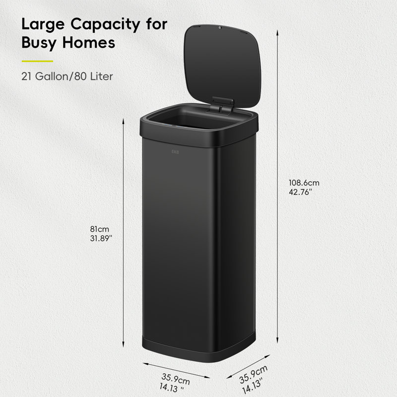Poubelle EKO Ecosmart 80L / 21,1 gallons à capteur de mouvement - Grande poubelle de cuisine automatique sans contact avec couvercle à fermeture en douceur pour la maison ou le bureau, acier inoxydable brossé, noir mat