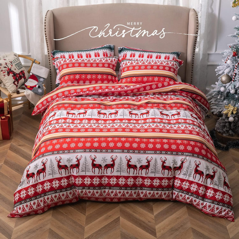 Deer Snowflake Lightweight Microfiber Christmas Duvet Cover Set 3 Pieces, Queen Duvet Cover + 2 Queen Pillow Shams
