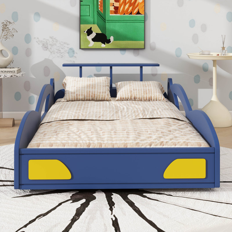 Lit plateforme simple en bois en forme de voiture de course avec roues, Bleu/jaune