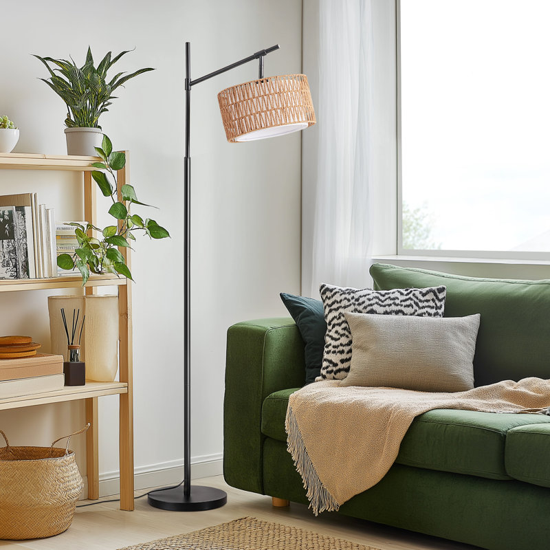 Lampe sur pied en rotin arqué 63,7 po avec ampoule et télécommande incluses