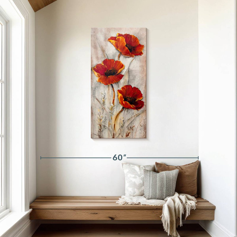 Coquelicots rouges sur taupe II, H 42 po x l 21 po