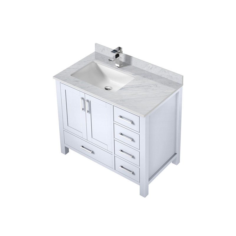 Ensemble de meuble-lavabo blanc l 36 po x P 22 po, plateau en marbre de Carrare décalé à gauche et robinet, Blanc, Monotrou